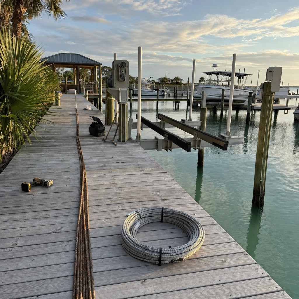 Marine dock in Panama City with coiled rope, tools, and boat lift pilings ready for service.