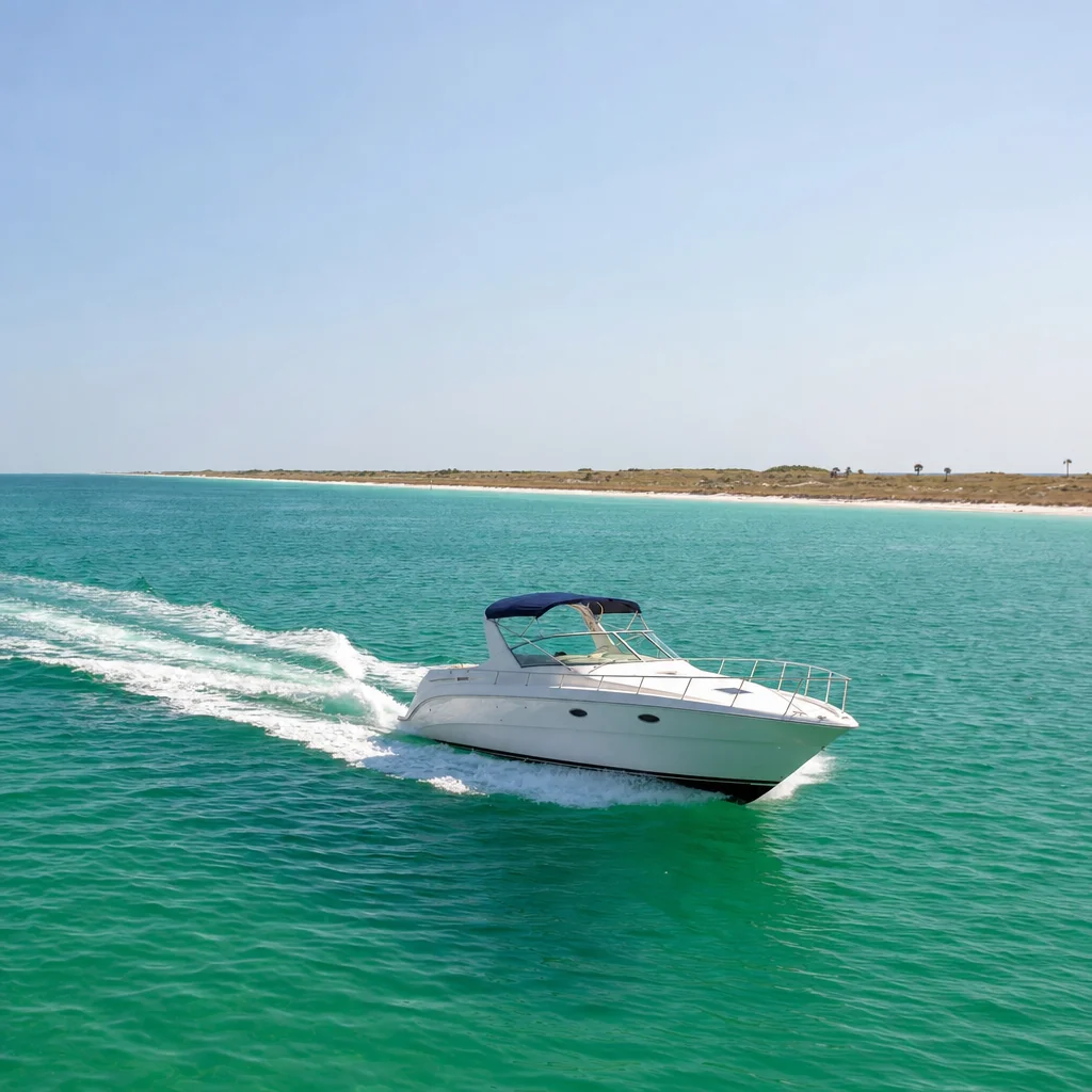 White recreational powerboat anchored in turquoise Gulf waters near Panama City beach.