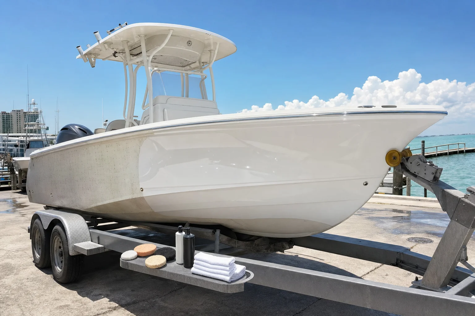Center console fishing boat on trailer at Panama City marina with detailing supplies staged on tongue.