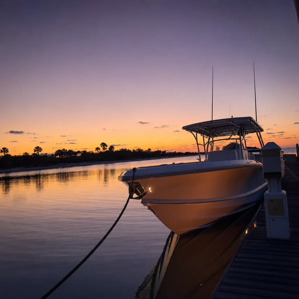 Recreational fishing boat moored at dock during golden-hour sunset in Panama City.