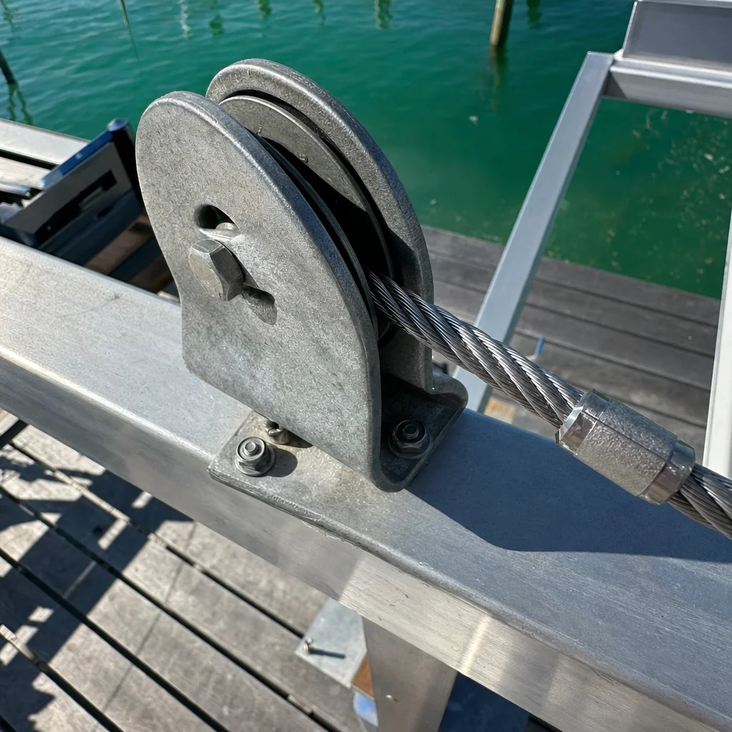 Boat pulley and cable system mounted on dock railing with turquoise water background.