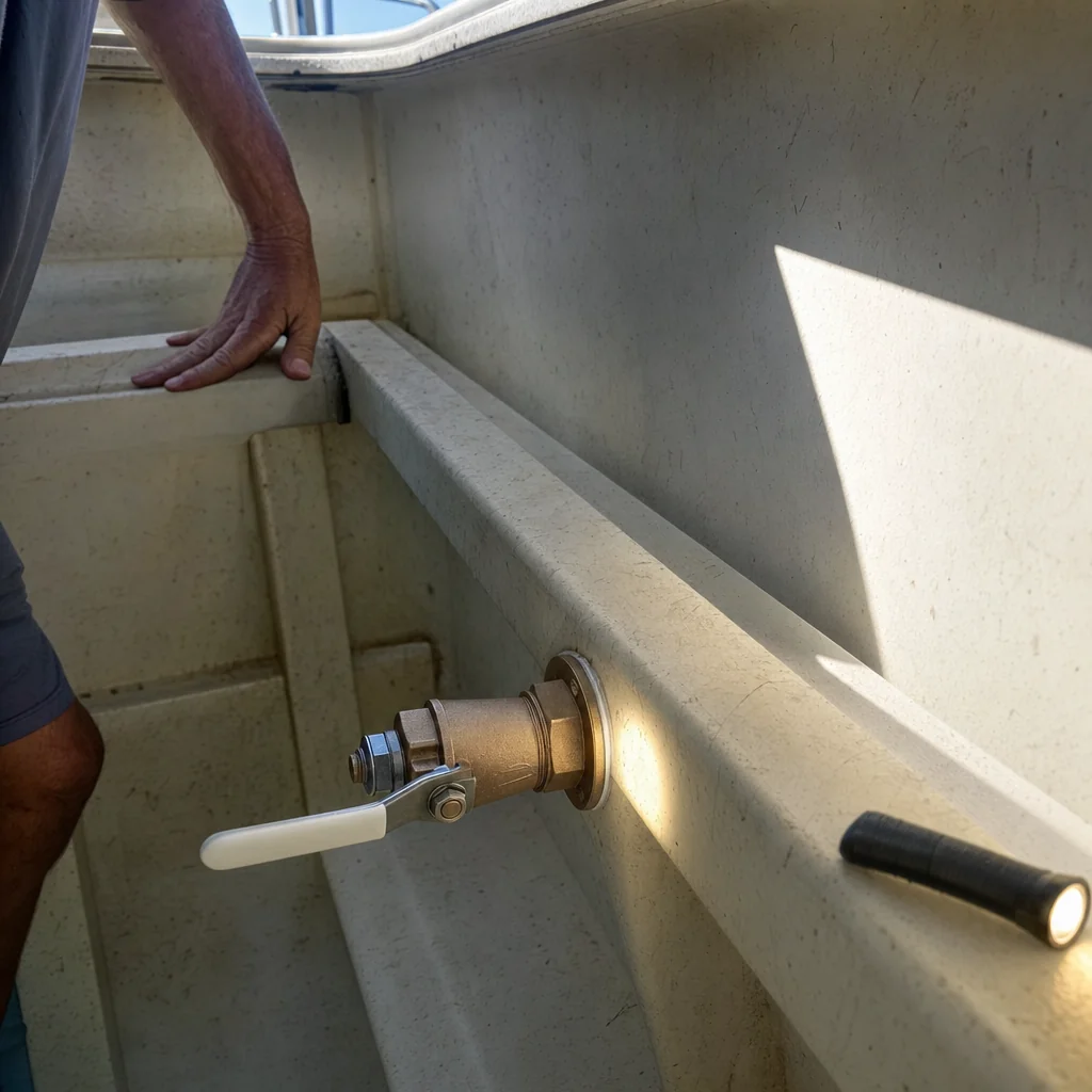 Technician's hand inspecting boat through-hull fitting and valve inside fiberglass hull.