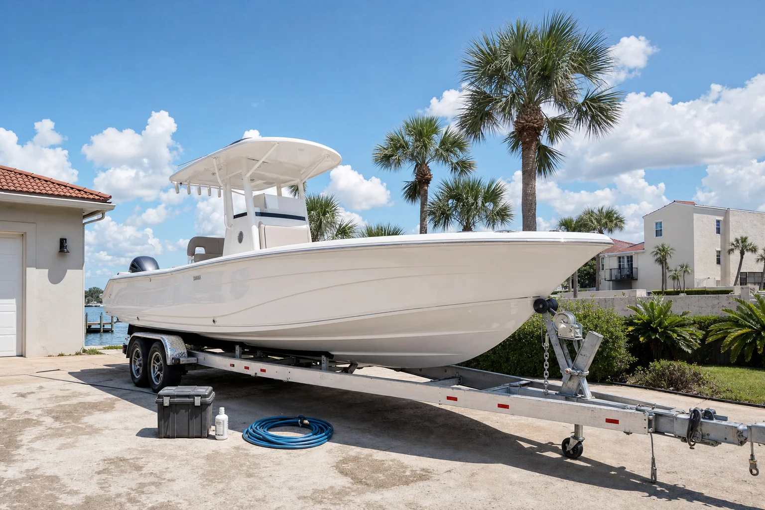 Recreational fishing boat on trailer in Panama City driveway with service equipment nearby.