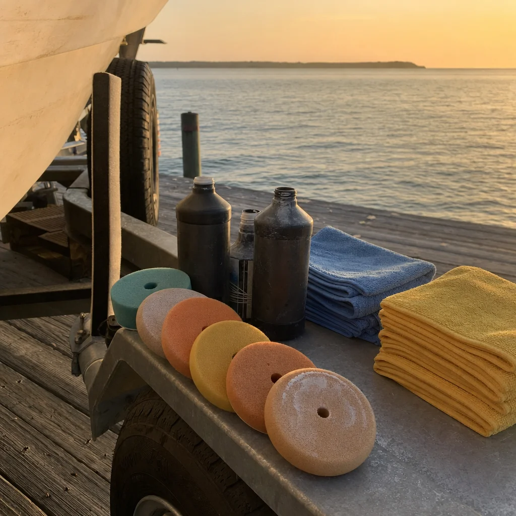Boat detailing supplies arranged on dock at sunrise, including polishing pads, microfiber towels, and marine products.