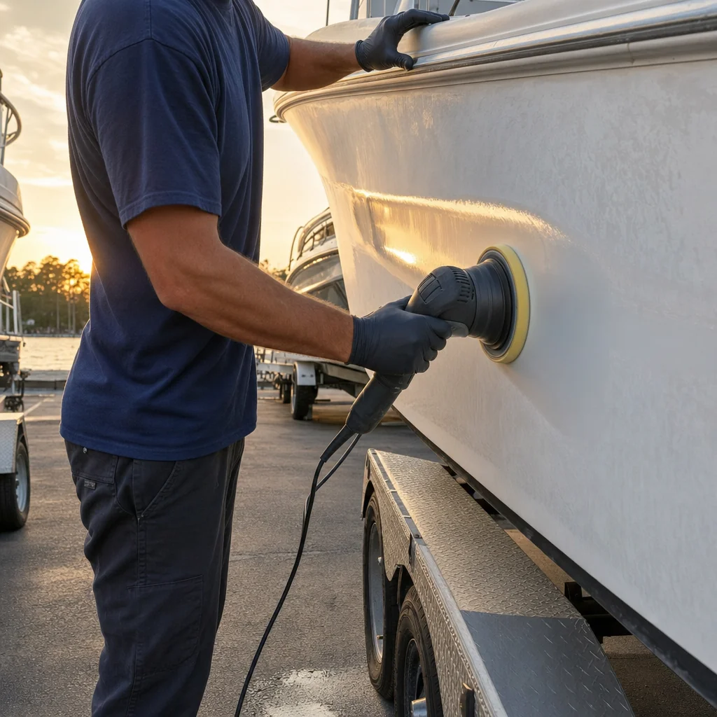 Technician polishing boat hull with power buffer at dockside in golden afternoon light.
