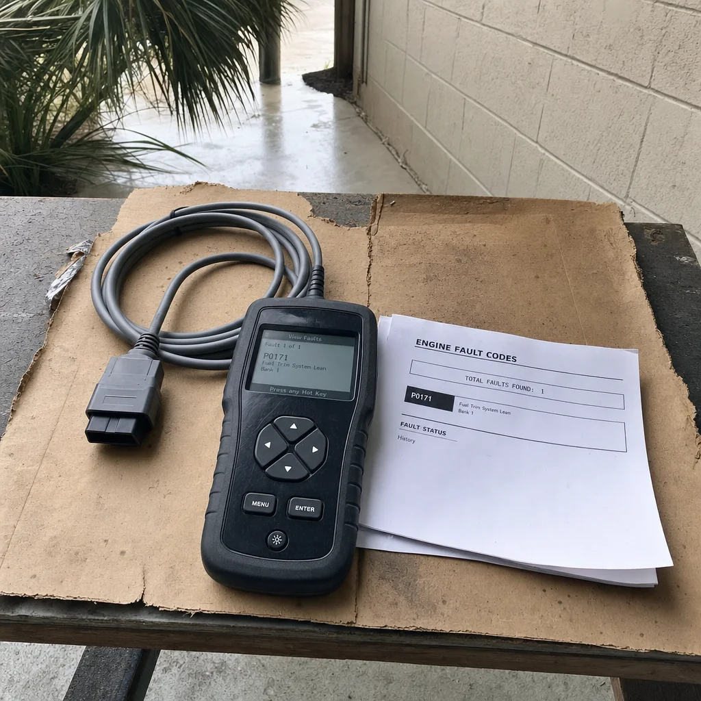 Marine diagnostic scanner displaying engine fault codes on cardboard work surface in Panama City.