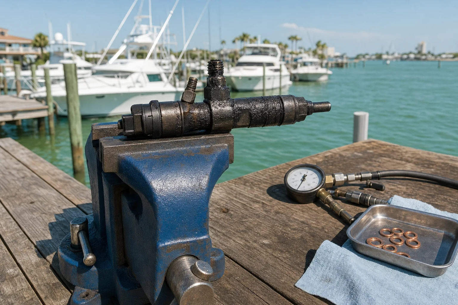 Corroded fuel injector clamped in vise on Panama City dock with diagnostic gauge and hardware nearby.