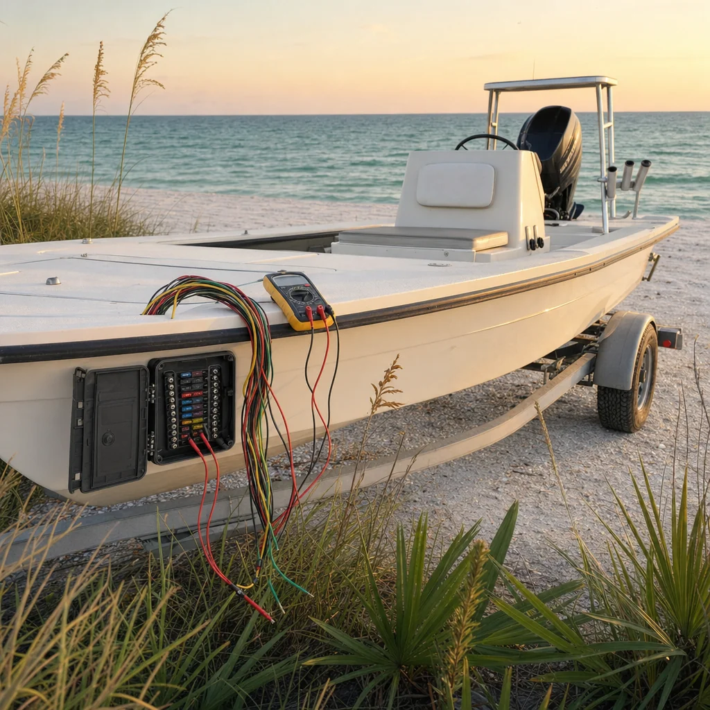 Fishing boat on beach trailer with electrical diagnostic equipment and wiring harness visible during service.