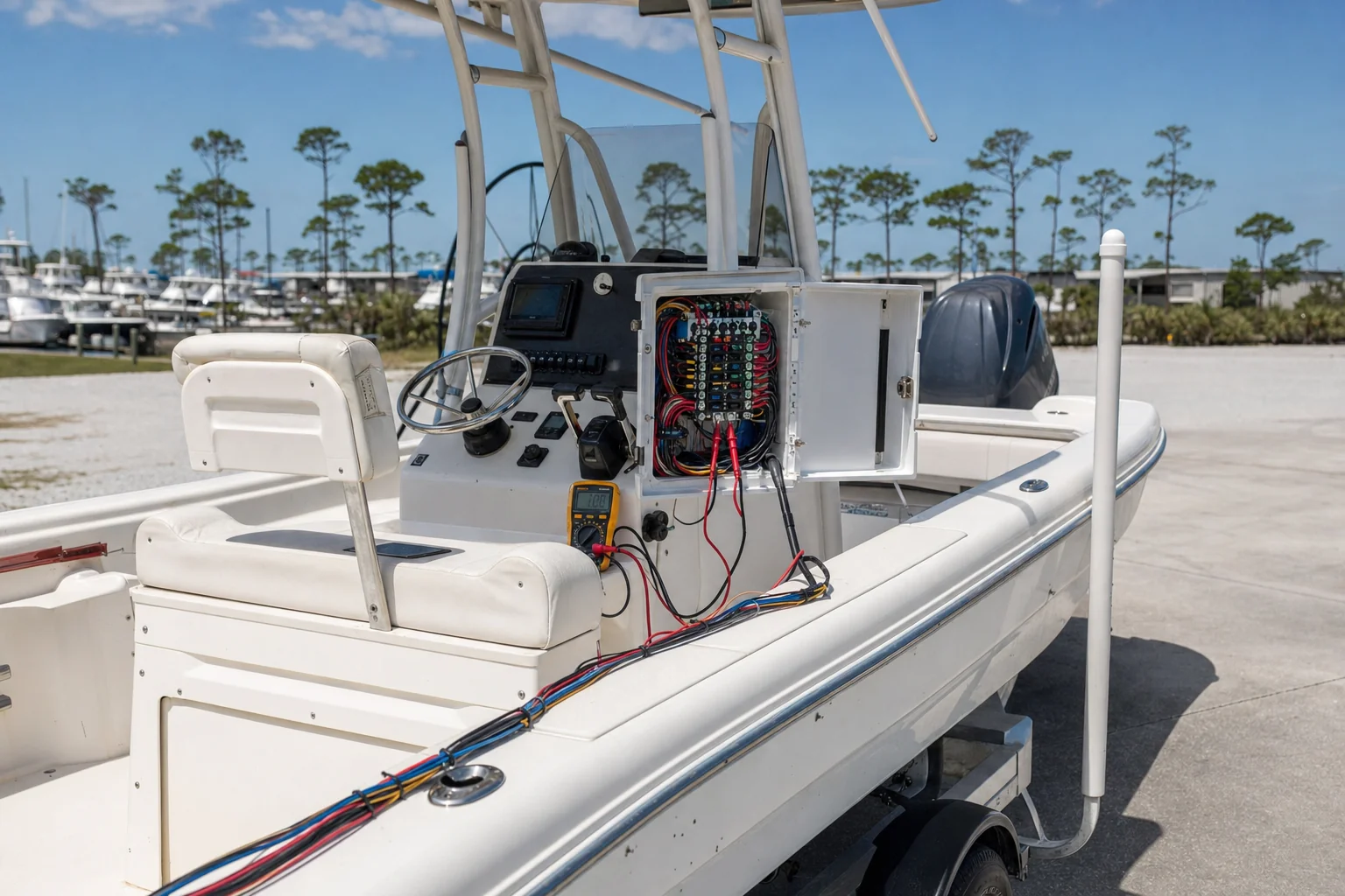 Boat electrical panel open with diagnostic multimeter and wiring harness visible during service inspection.