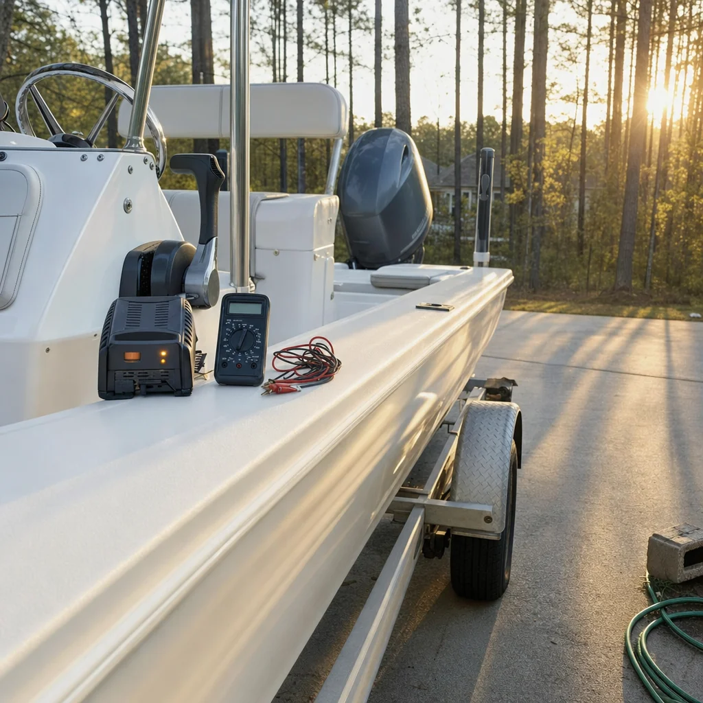 Diagnostic equipment and power inverter arranged on boat gunwale during electrical service inspection.