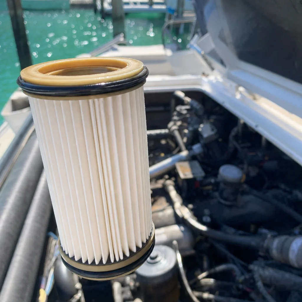 Marine engine air filter removed during service with boat engine visible in background.