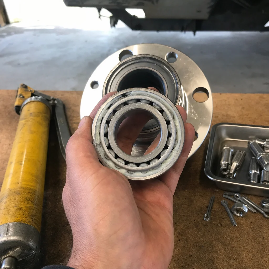 Marine bearing and flange assembly held in hand during boat engine repair service.