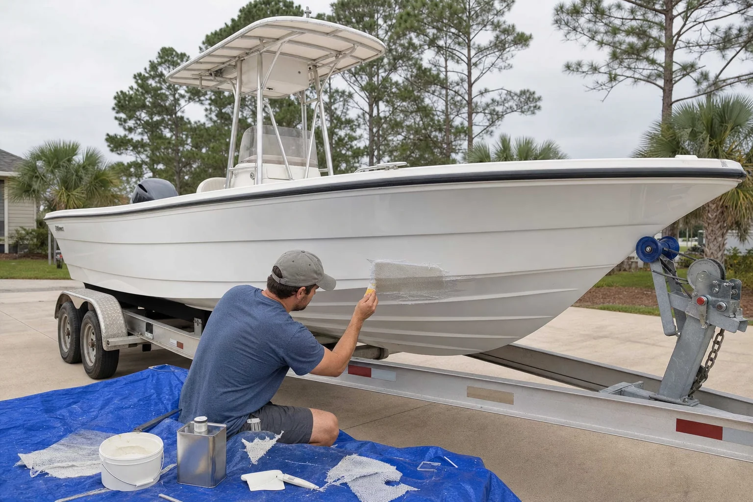 Technician applying fiberglass repair material to boat hull in residential driveway setting.
