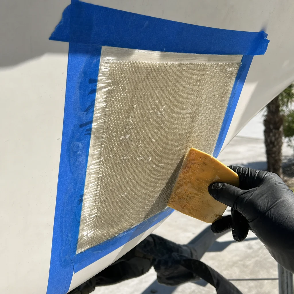 Technician in black gloves applies fiberglass cloth to blue-taped marine repair panel outdoors.