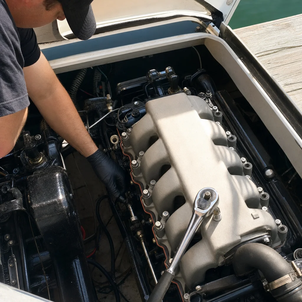 Technician inspects inboard engine manifold and intake components during boat service.