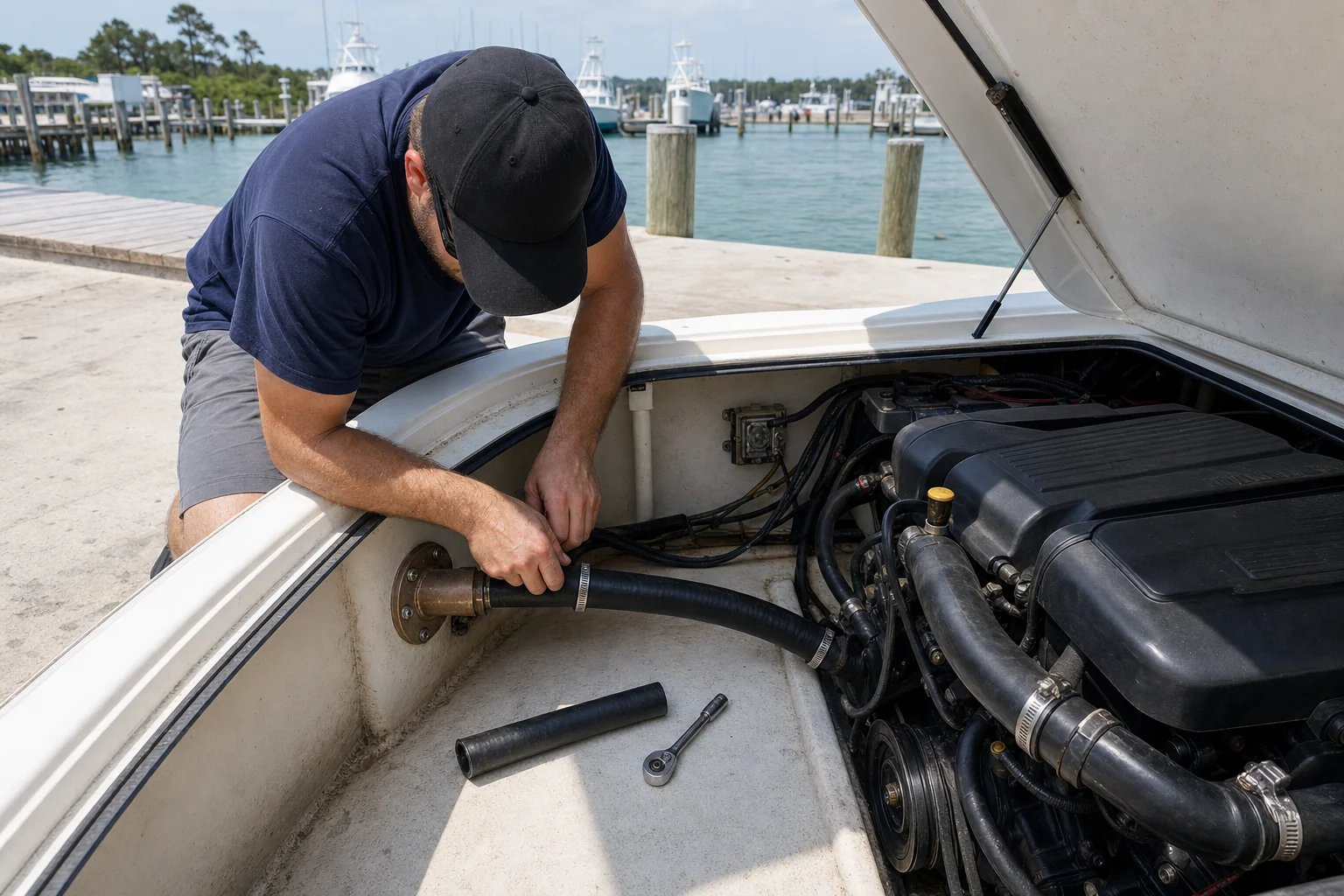 Technician inspects inboard engine hose connections on boat at Panama City marina dock.