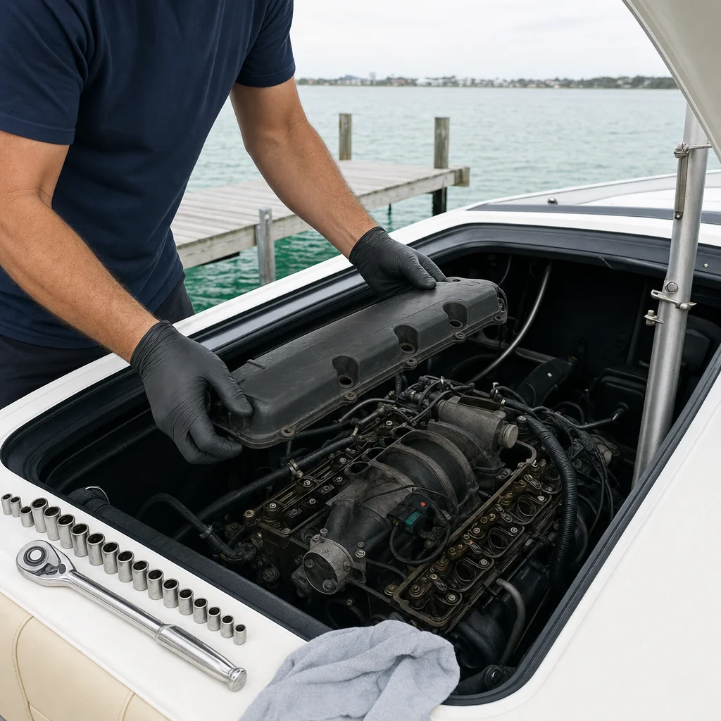 Technician removing valve cover from inboard marine engine at dockside in Panama City.