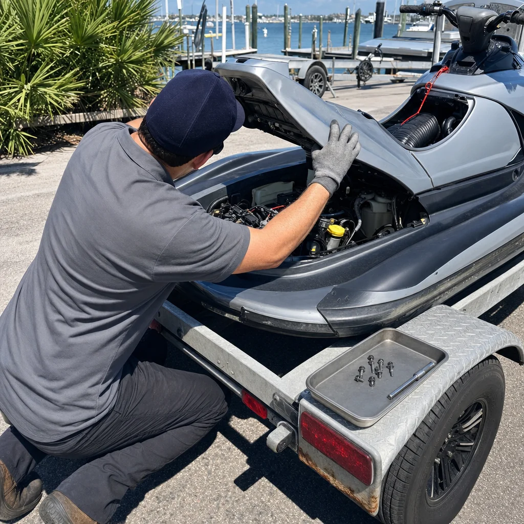 Technician inspects jet ski engine at Panama City marina with docked boats visible behind.