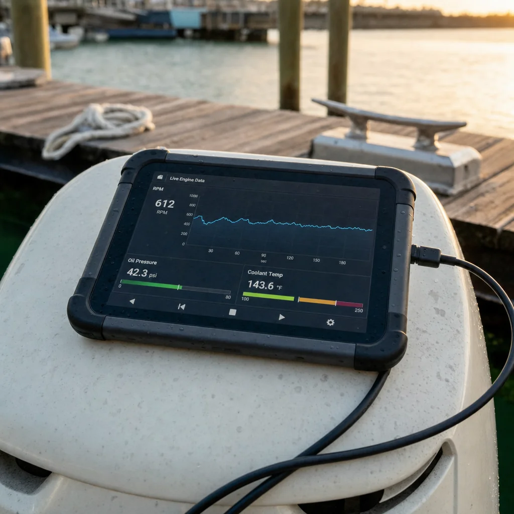 Marine diagnostic scanner displaying engine data on boat at Panama City dock during golden hour.