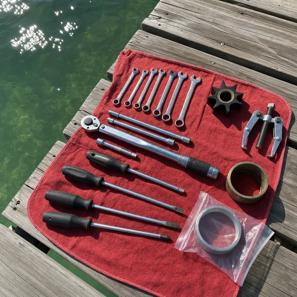 Marine repair tools laid on red cloth at Panama City dock with green water and weathered wood planking.