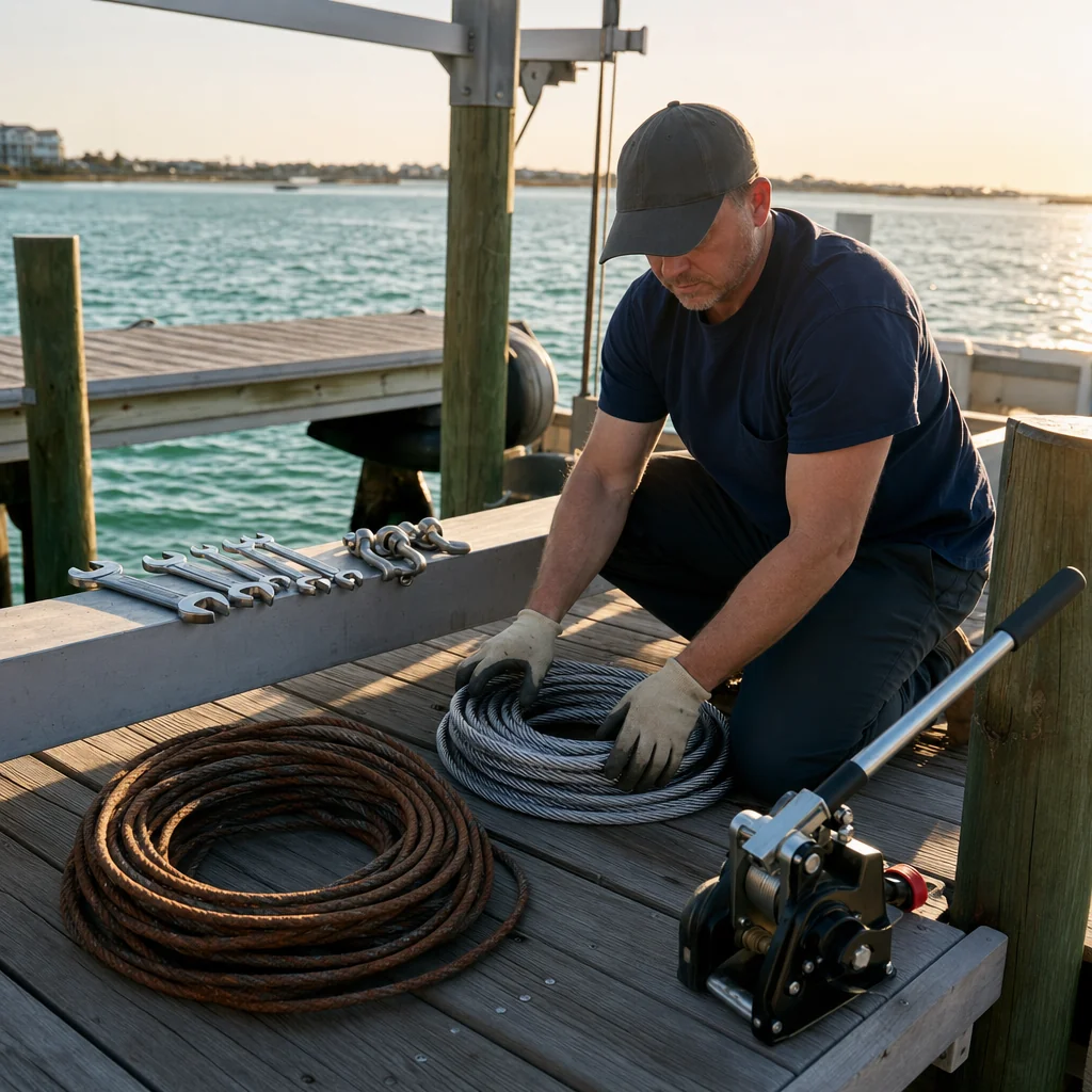 Technician inspects marine rope and rigging equipment at Panama City waterfront dock during golden hour.