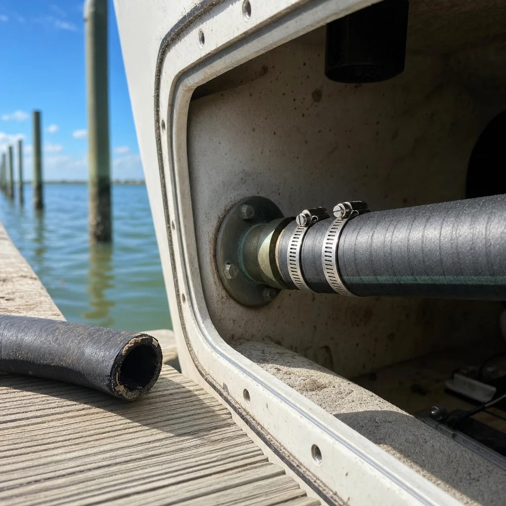 Marine through-hull fitting with hose clamps on boat hull at Panama City dock.