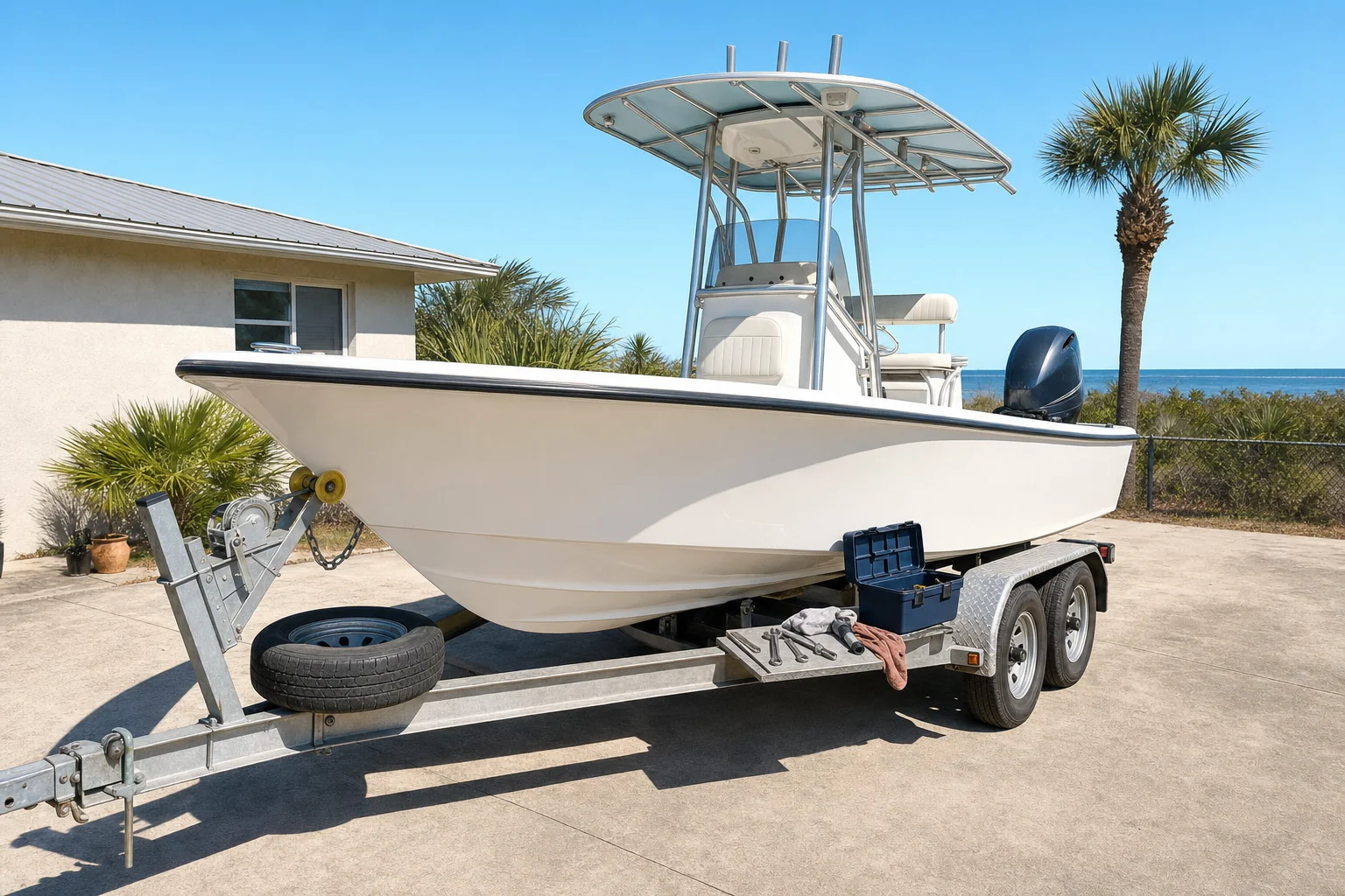Center console fishing boat on trailer with outboard engine and toolbox in residential driveway.