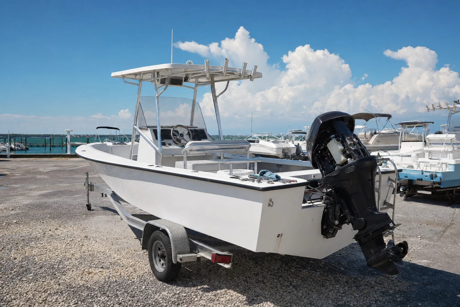 White recreational fishing boat with black outboard motor on trailer at Panama City marina.