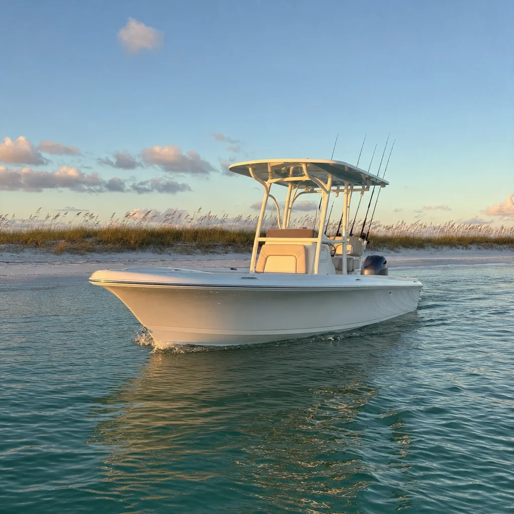 White fishing boat with outboard motor anchored in shallow coastal water at golden hour.