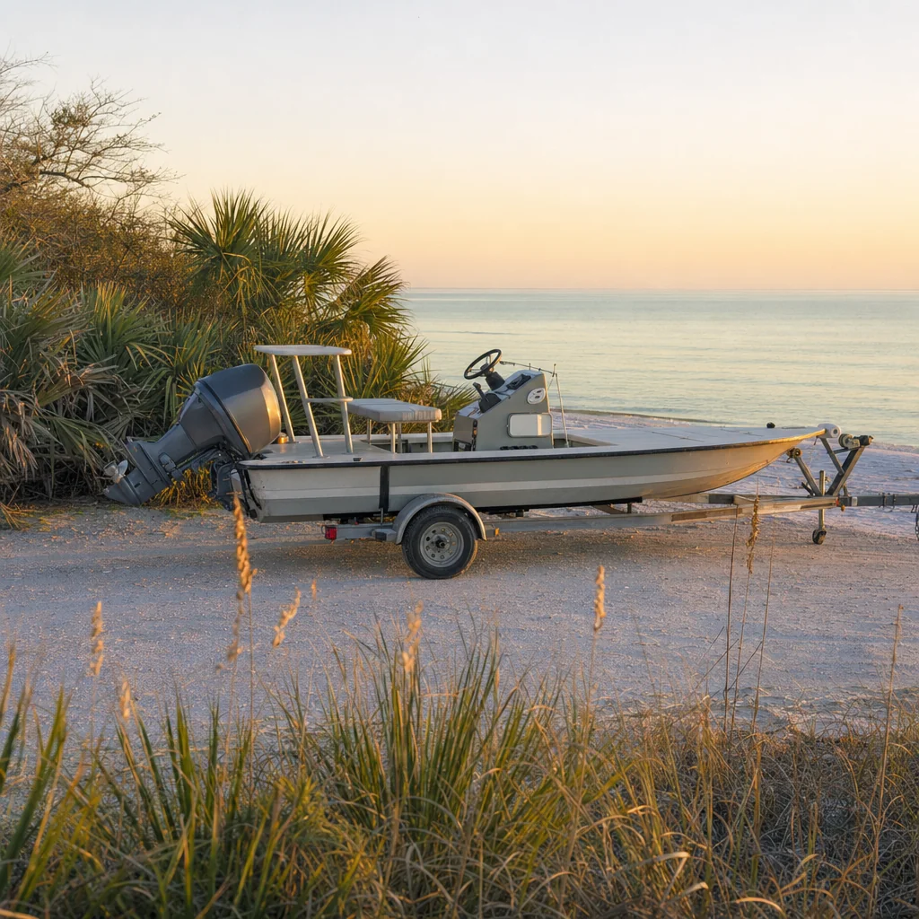 Fishing boat on trailer at sunrise with outboard motor and sea oats in foreground.