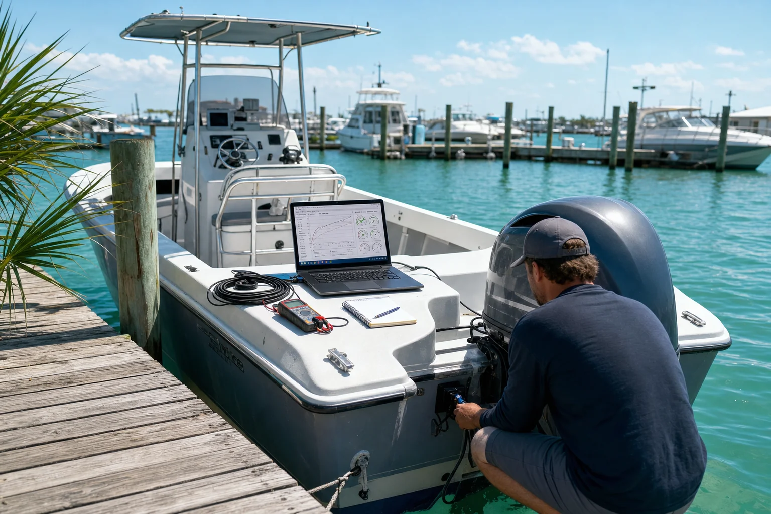 Technician performs marine diagnostic testing on outboard engine at Panama City dock.