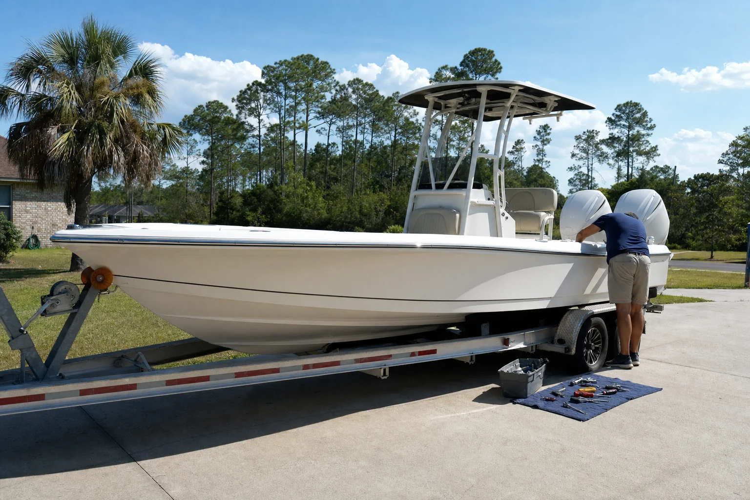 Technician inspects outboard engines on center console boat in residential driveway with tools spread nearby.