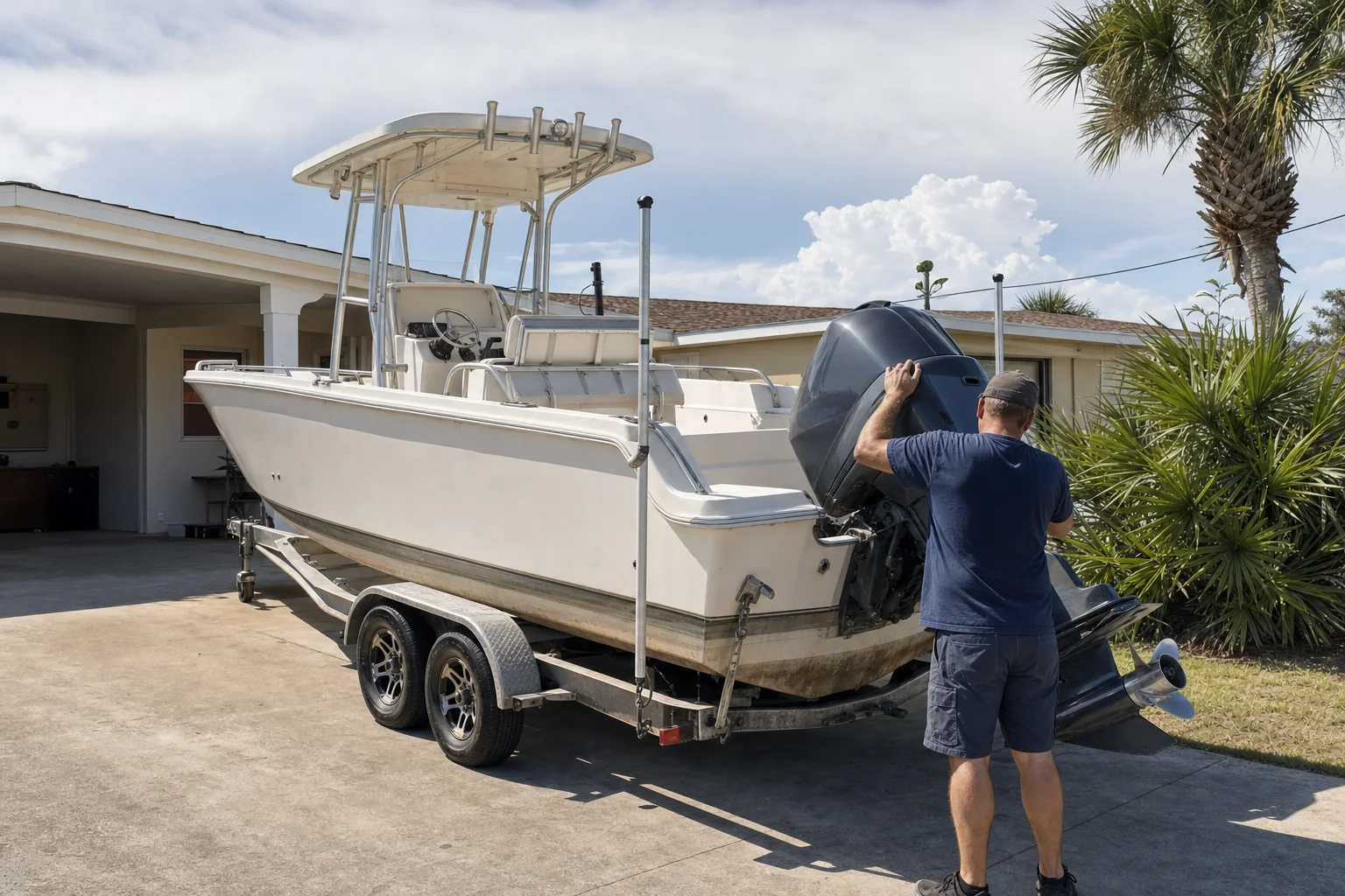 Technician inspects outboard motor on center console boat in residential driveway.