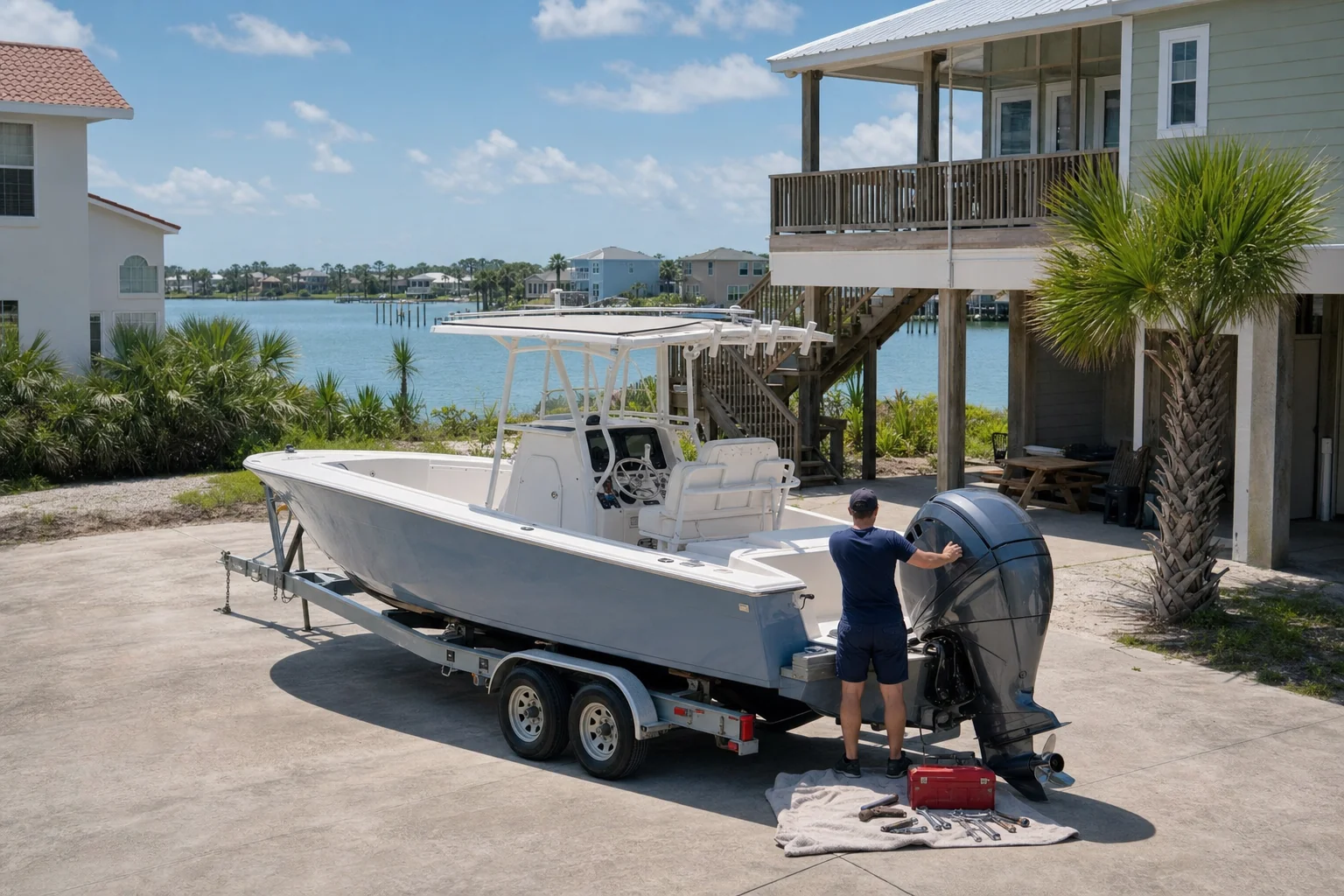 Technician inspecting outboard motor on boat trailer in Panama City residential driveway.