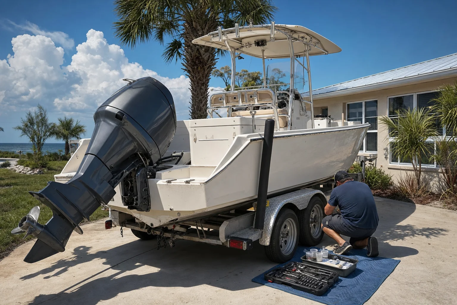 Technician crouches beside outboard motor on boat trailer in residential driveway, tools spread on mat nearby.