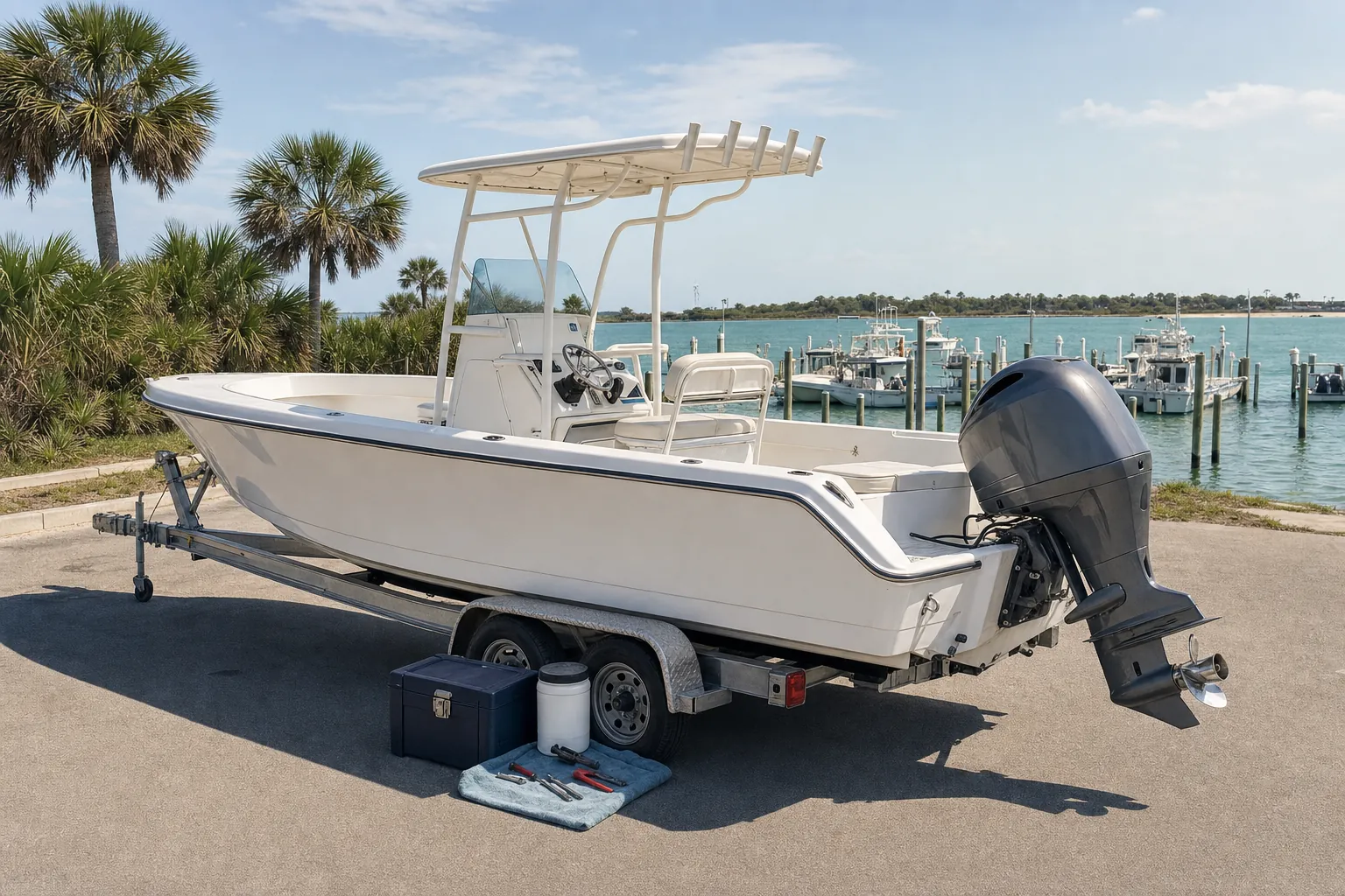 Outboard motor boat on trailer with service tools and toolbox in Panama City driveway.