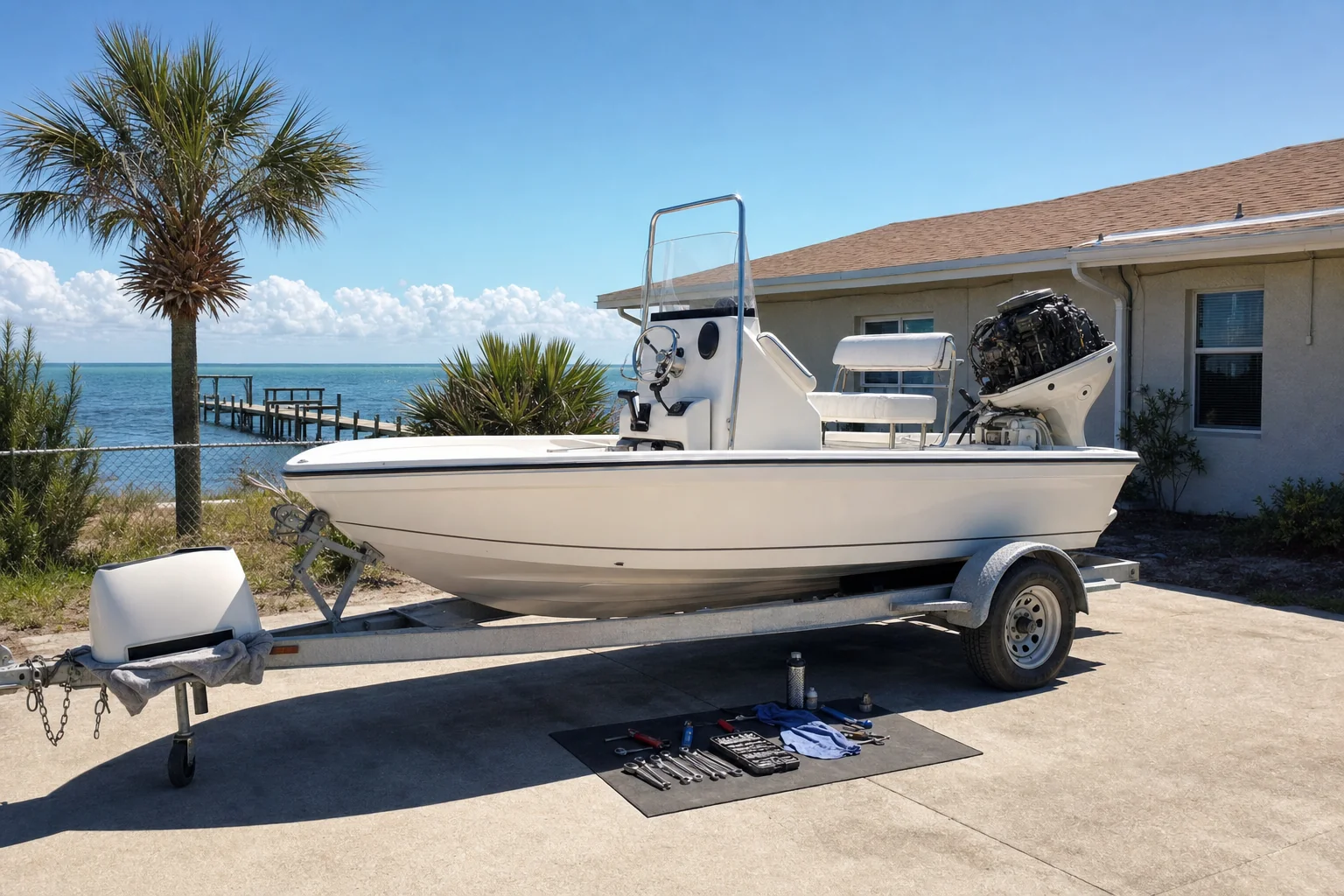 Fishing boat on trailer with outboard engine and tools spread on driveway in Panama City.
