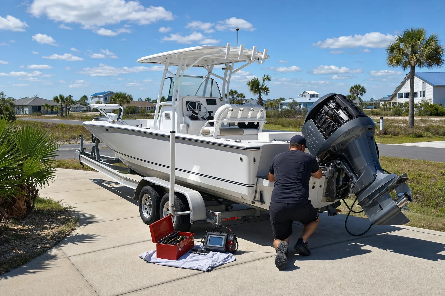 Technician services outboard motor on boat trailer in Panama City residential driveway.
