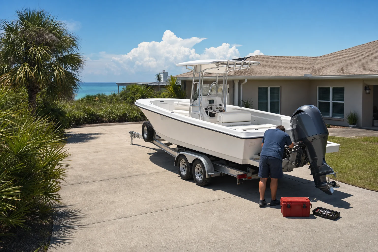 Technician services outboard motor on boat trailer in residential driveway with ocean view.