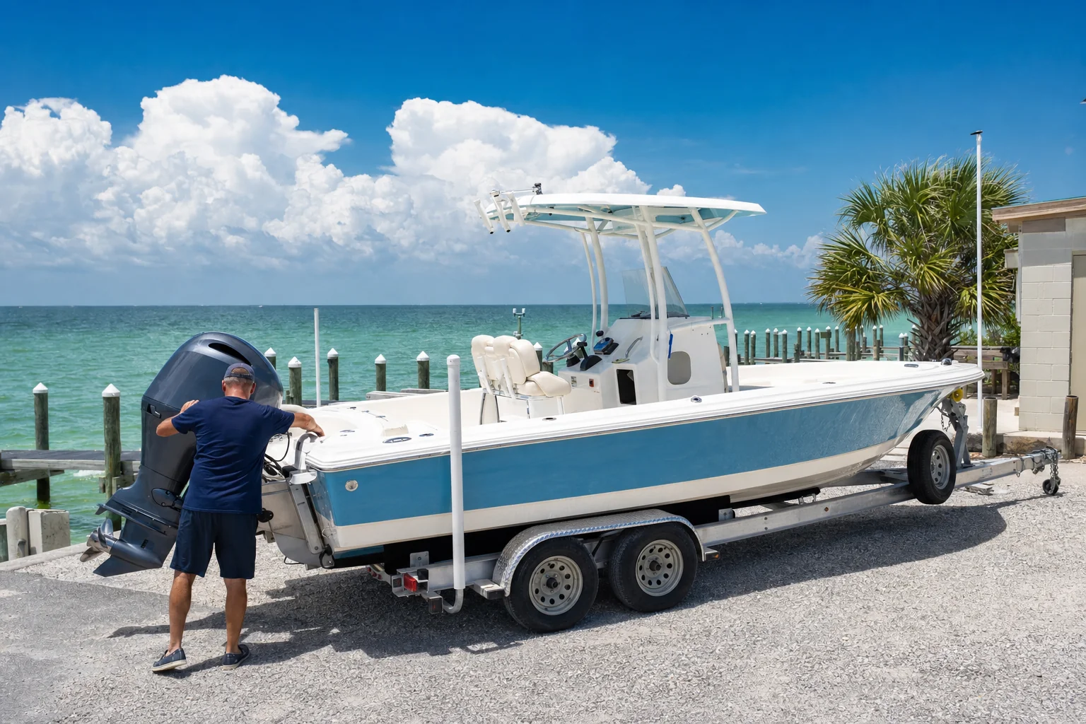 Person working on outboard motor of boat on trailer in Panama City driveway.