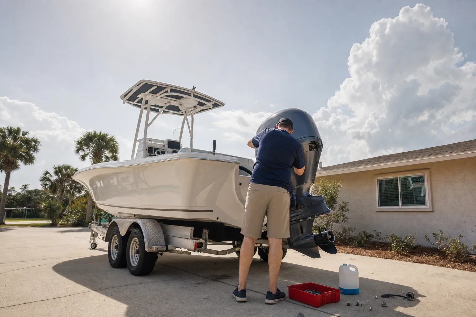 Technician working on outboard engine of boat in residential driveway, Panama City.