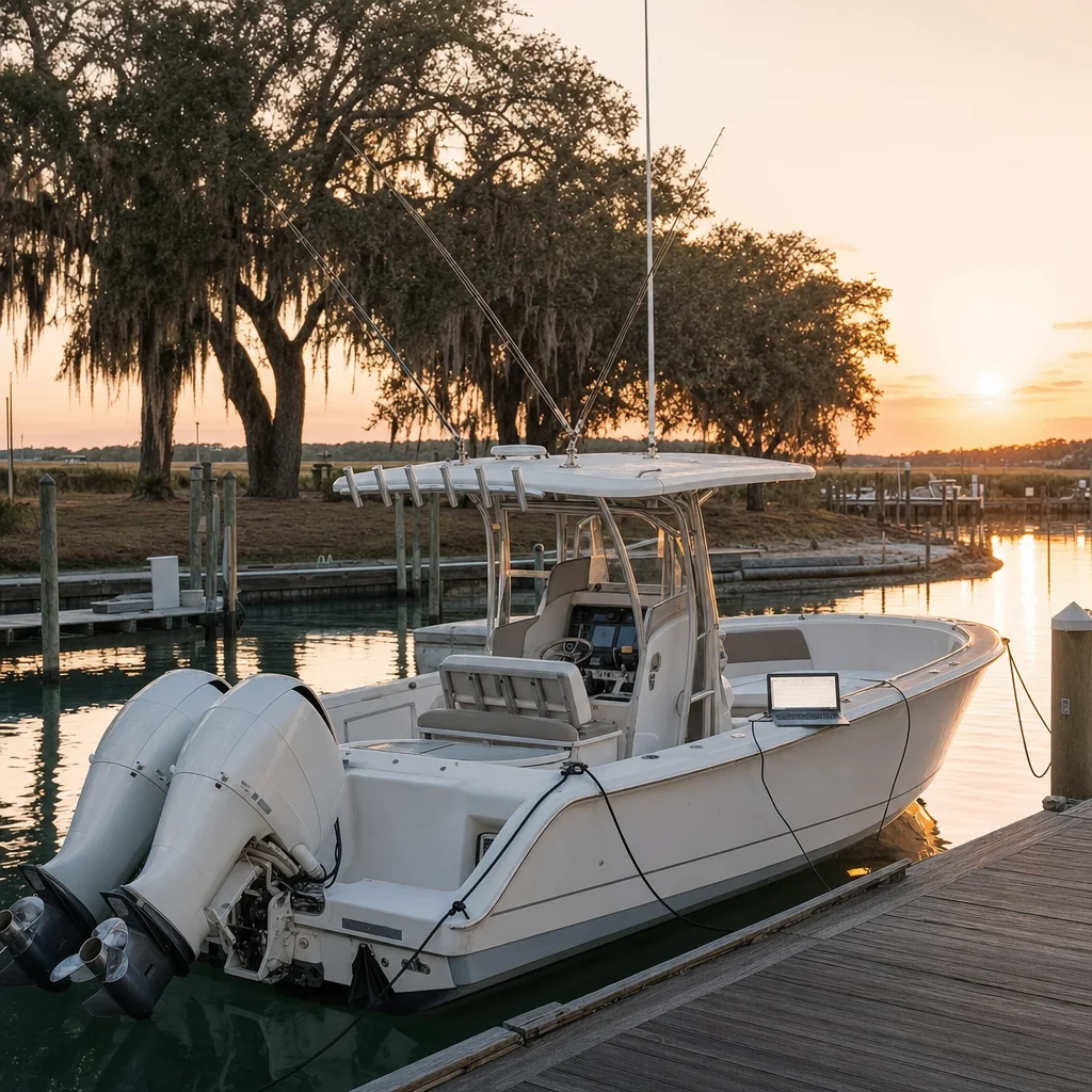 Center console fishing boat with dual outboard engines moored at wooden dock at golden hour.
