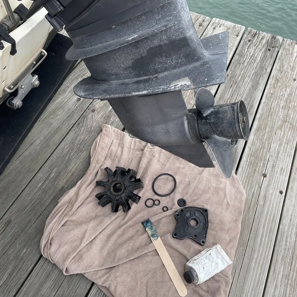 Disassembled outboard engine components laid on canvas dock-side in Panama City.
