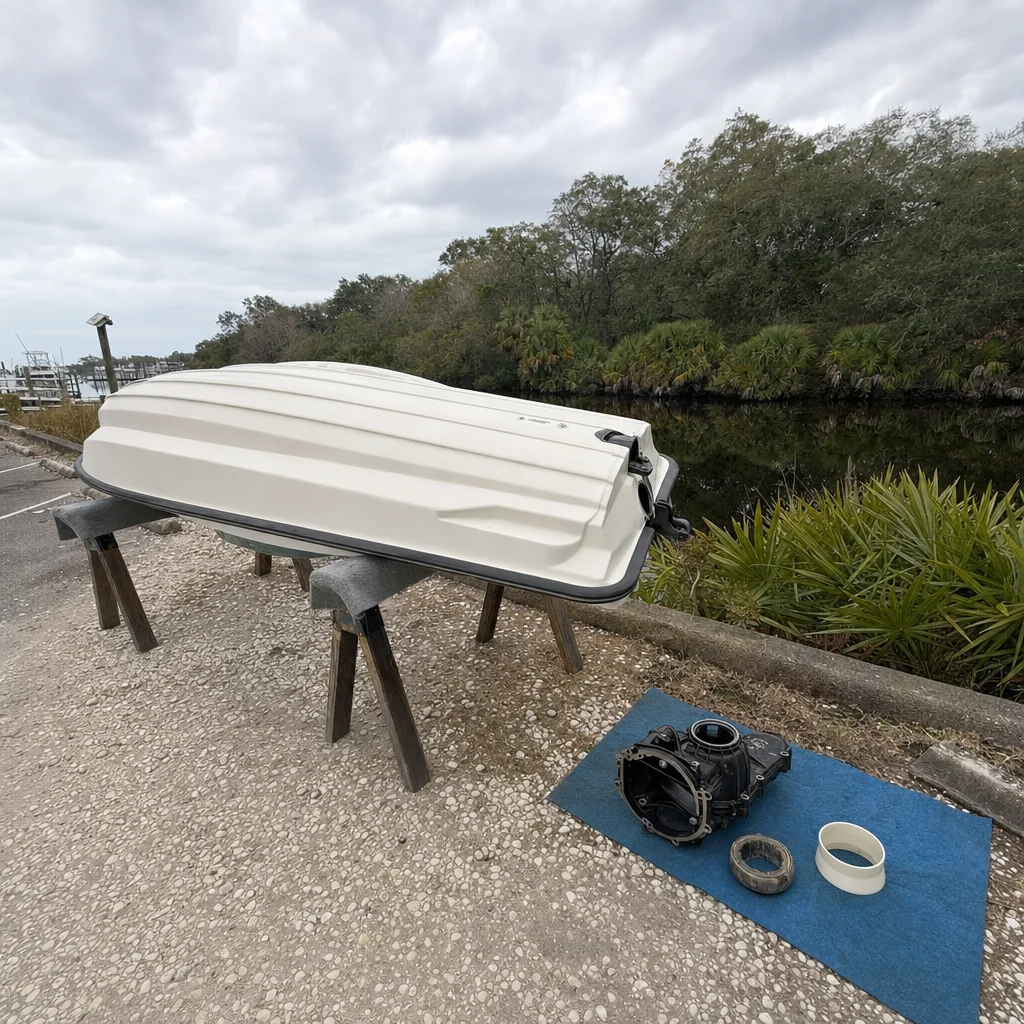 Outboard engine housing and gasket components laid out on blue mat beside boat at dockside in Panama City.