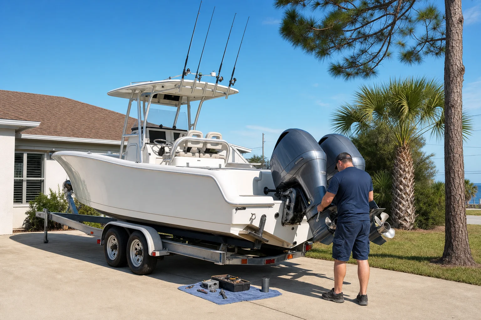 Technician inspects dual outboard engines on center console fishing boat in residential driveway.