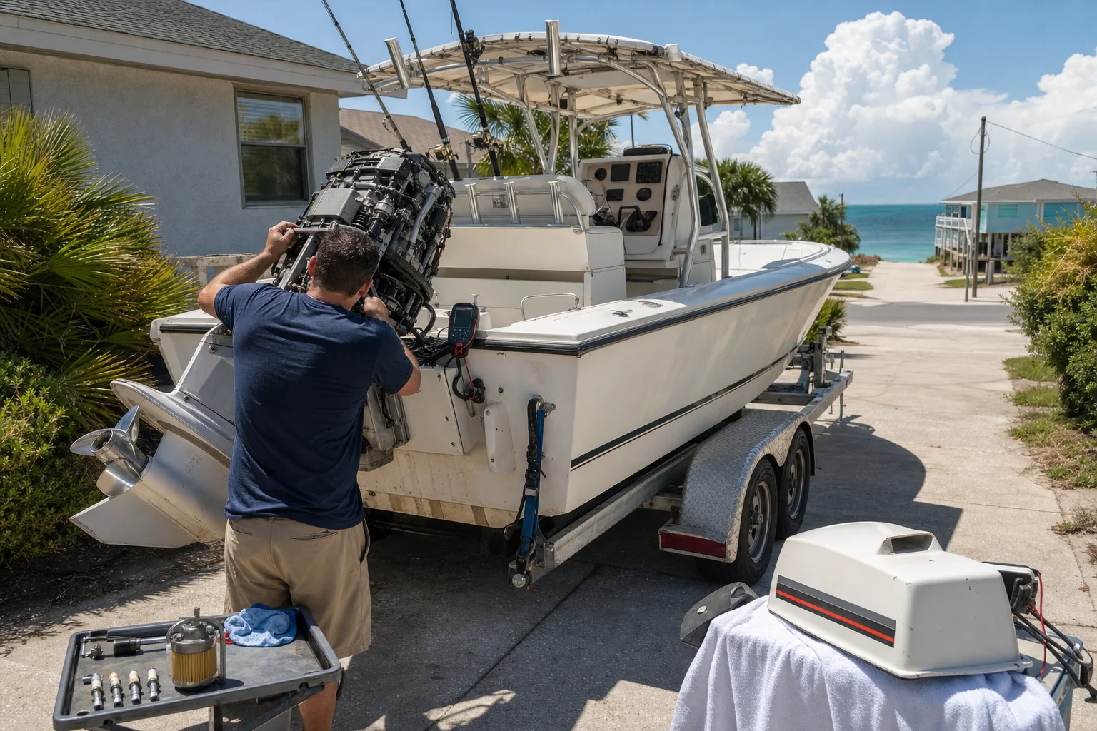Technician removes outboard engine from boat on trailer in Panama City driveway with ocean visible.