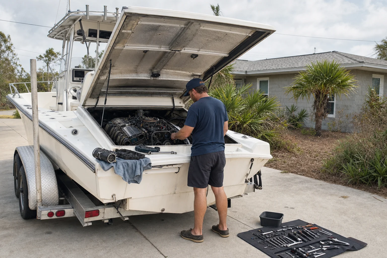 Technician inspects outboard engine in boat engine bay during driveway service in Panama City.