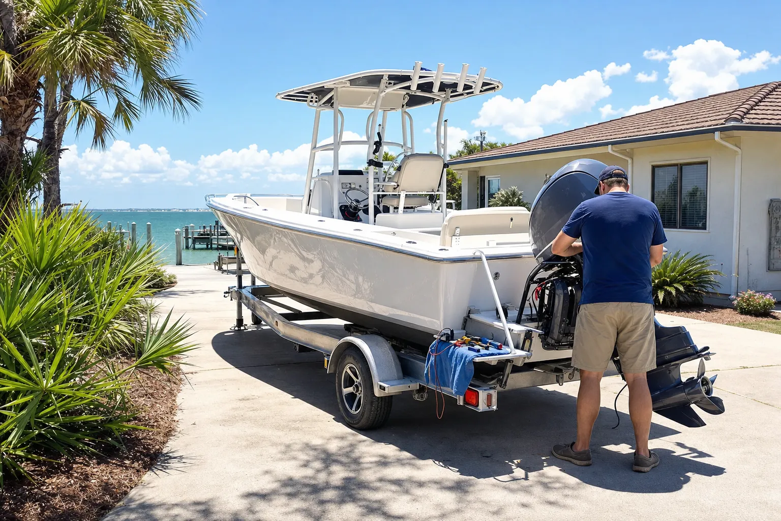 Technician inspects outboard engine on boat trailer in Panama City residential driveway.