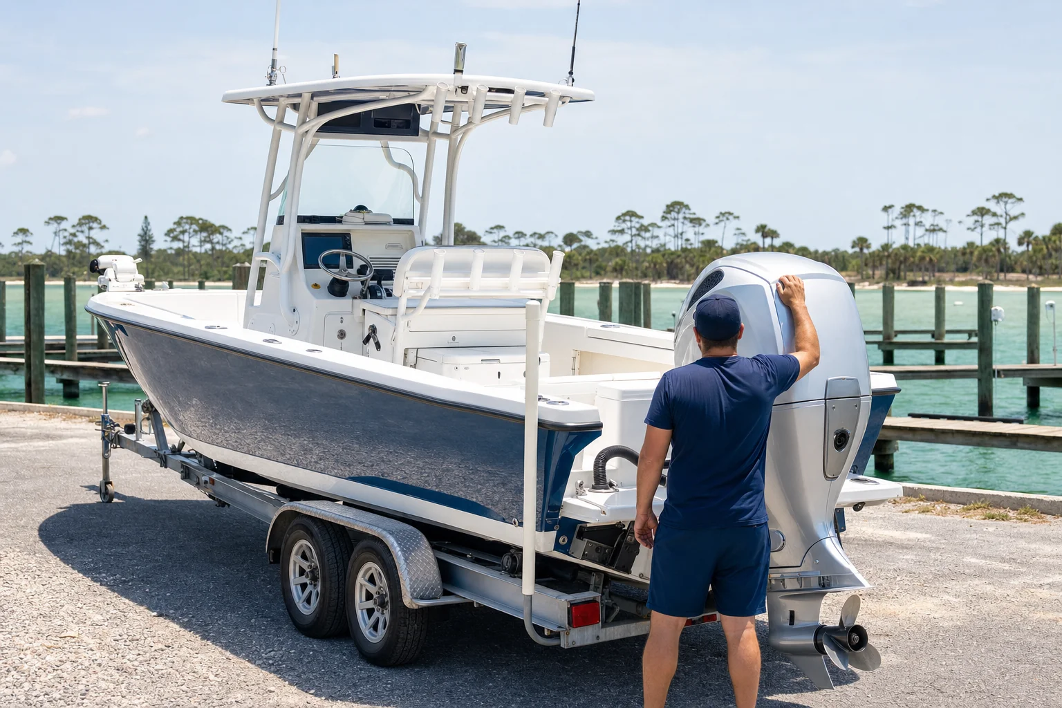 Technician inspects outboard engine on boat trailer at Panama City marina dock.