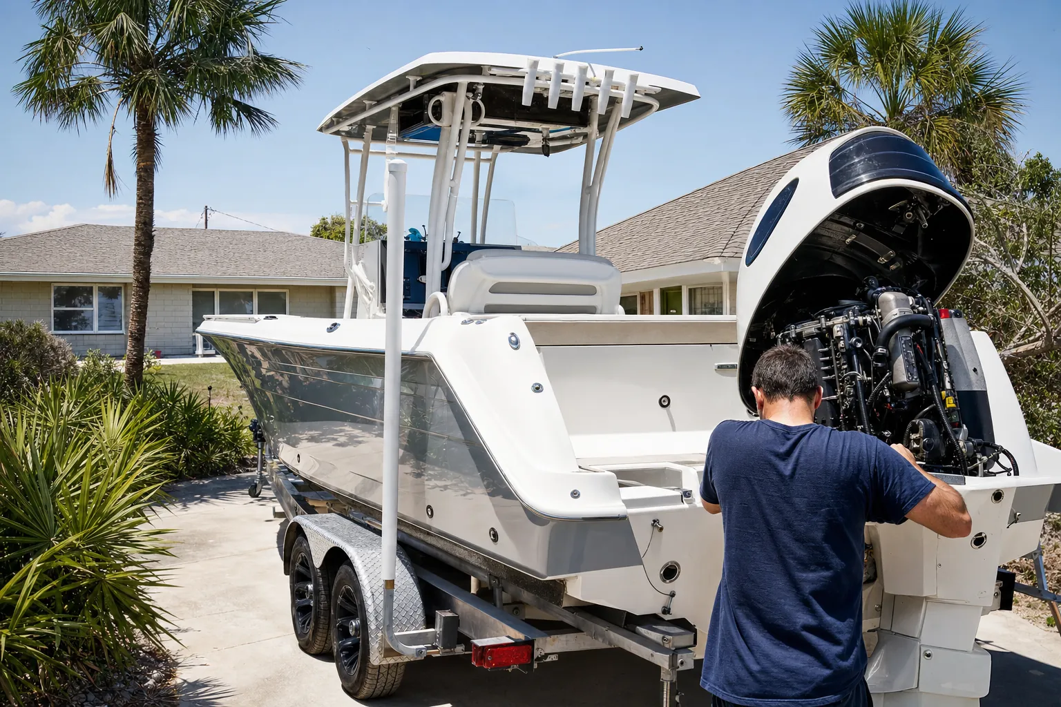 Technician inspects outboard engine on white center console boat in residential driveway, Panama City.